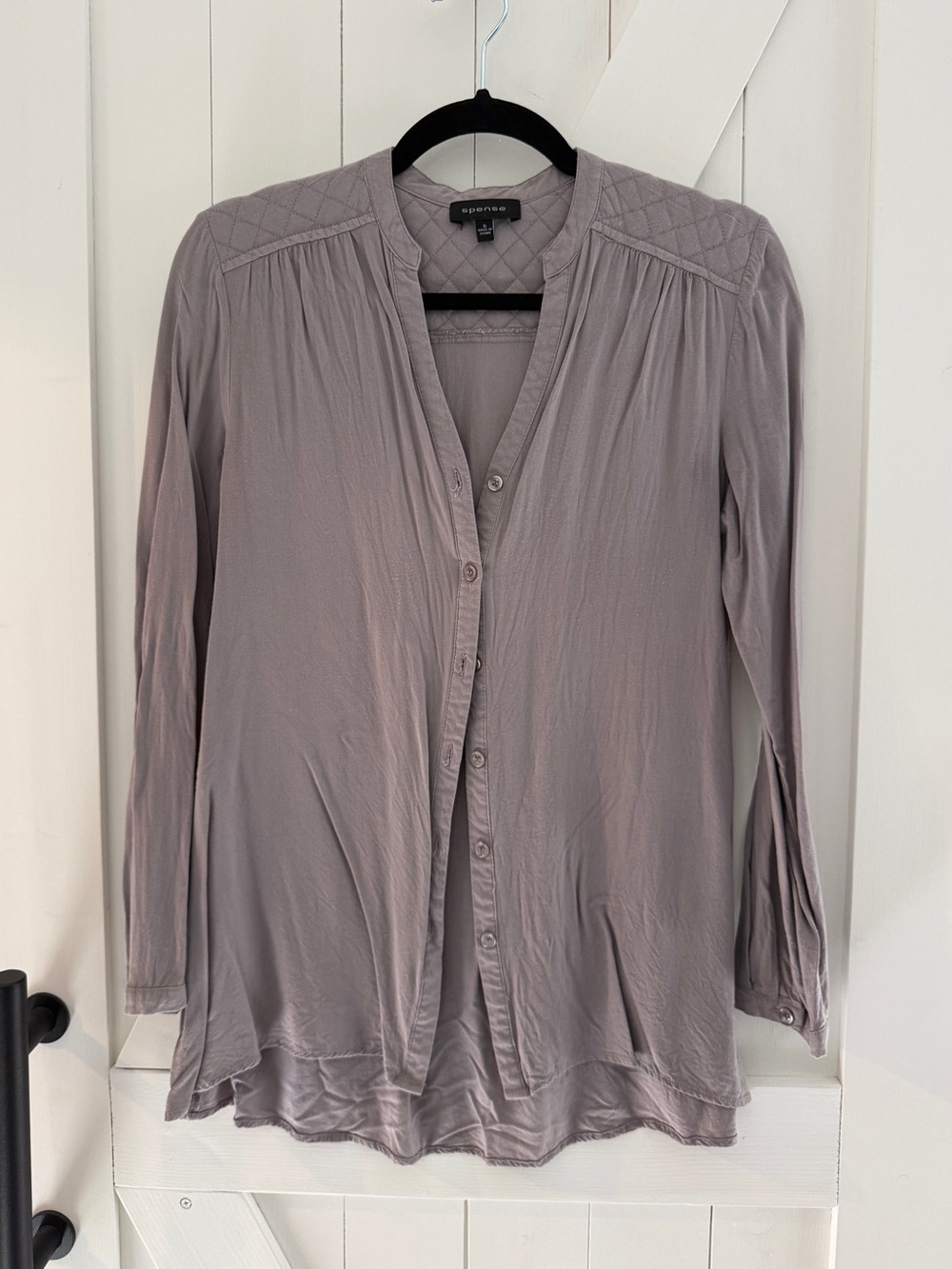 Spense Quilted-Shoulder Button Front Blouse in Dusty Mauve